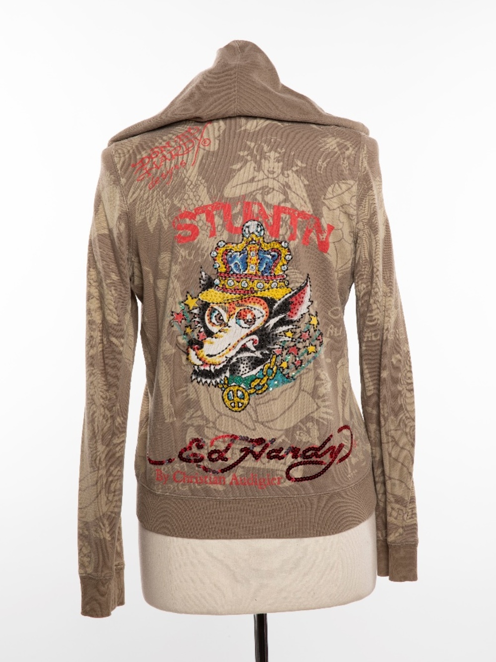Ed Hardy Women's Zip Up Sweatshirt with Beaded Fox by Christian Audigier - Small